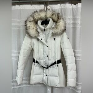 Michael Kors White Puffer Coat with Faux Fur Trim, Size Medium